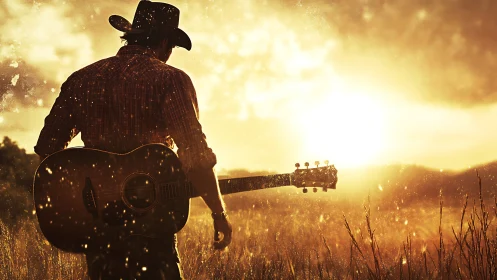 Cowboy guitarist stands against glowing country sunset
