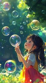 Backlit child studies iridescent soap bubbles in lush summer garden