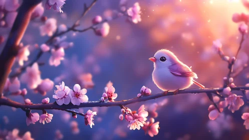 Blushing songbird pauses on cherry branch at pastel sunrise