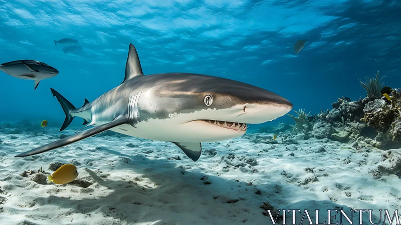 Caribbean reef shark cruising over sandy coral seabed.
