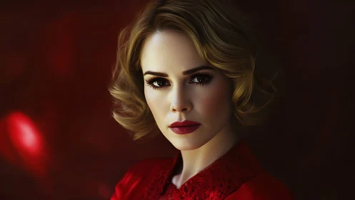 Elegant woman in red gazes intensely against a shadowed backdrop