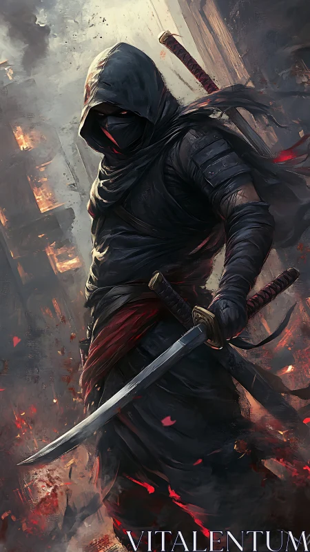 Hooded ninja stalks through burning ruins with drawn katana