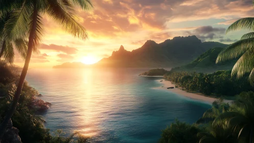 Tropical Paradise Sunset Over Mountain Bay with Palm Framing.