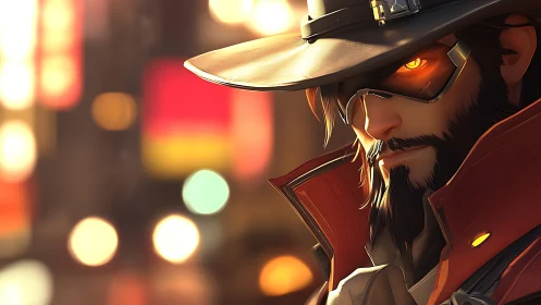 Futuristic gunslinger with glowing eyes in neon city night