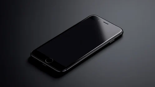 Black smartphone on gray surface, isometric perspective view