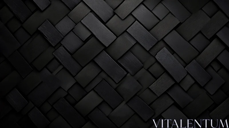 Interlocking matte black rectangular tiles form woven geometric relief