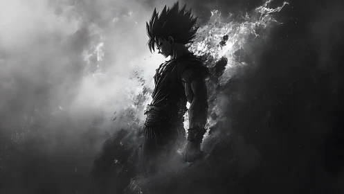 Monochrome anime warrior emerging through swirling smoke.
