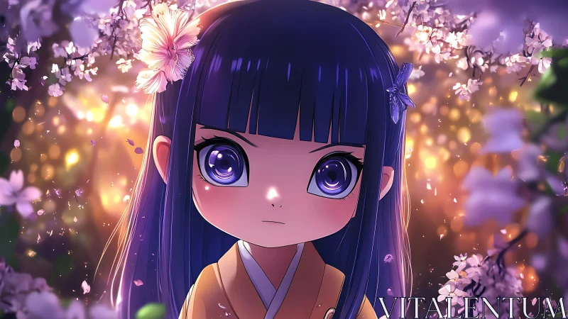 Anime girl with purple eyes under glowing cherry blossoms.