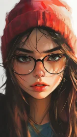 Portrait of girl with red beanie and glasses in soft light