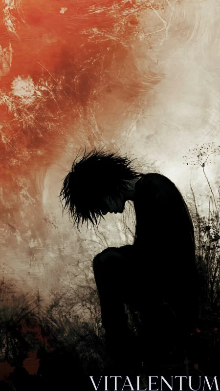 Silhouette boy crouching under stormy red abstract sky.