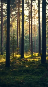 Coniferous forest with tall dark trees and golden sunlight filtering through canopy.