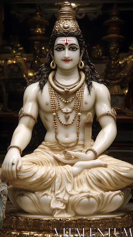 Marble Shiva idol with ornate gold jewellery in temple setting.