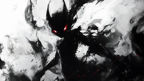 Inkstorm Demon With Ember Eyes Stalks the Monochrome Void.
