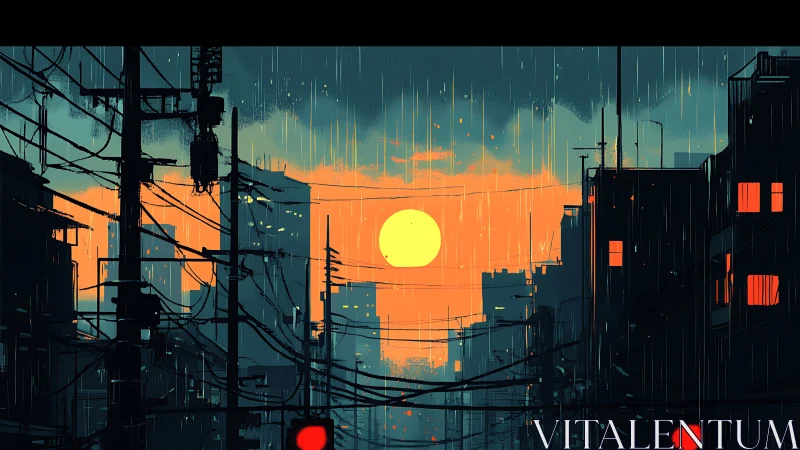 Electric sunset over rainy urban alleyway skyline.