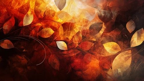 Swirling autumn leaves in radiant abstract emberscape.