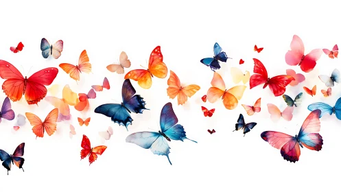 Colorful watercolor butterflies drift across white space