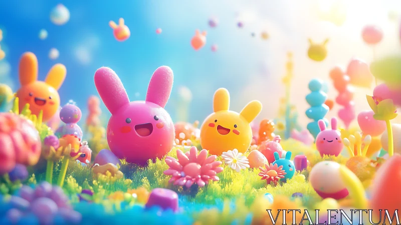 Rounded rabbit-like figures occupy dense pastel landscape