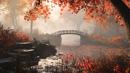 Arched wooden bridge spans misty river in dense autumn foliage