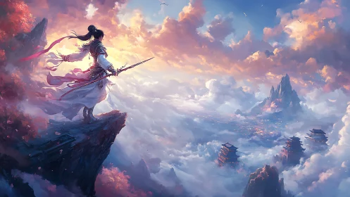 Warrior on cliff overlooking misty mountain temples at dawn