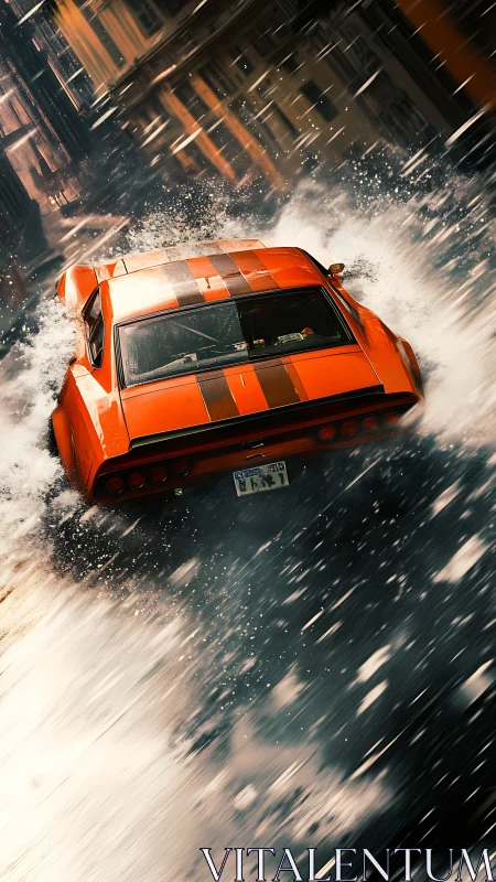 Streetstorm muscle car carving rain-soaked urban torrents.