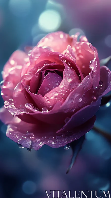 Magenta Rose with Dew Drops Glowing Against Soft Bokeh