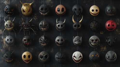 Gridded wall of stylized horror masks shows iterative creature design