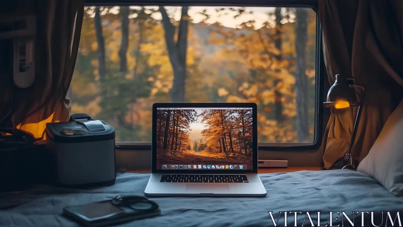 Cozy laptop workspace with autumn forest view from bed.