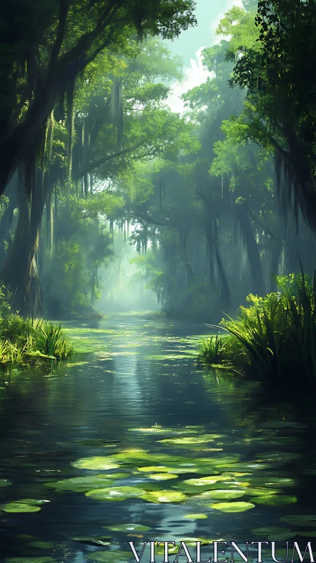Luminous Forest Waterway Through Misty Canopy.
