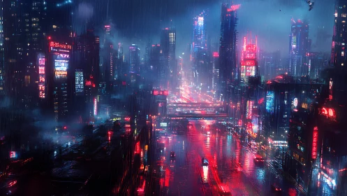 Rain-soaked cyberpunk megacity with neon-lit arterial highway
