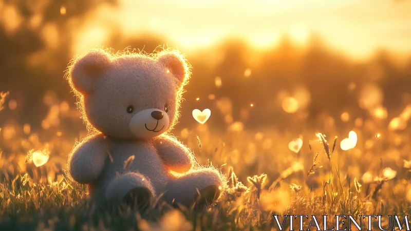 Soft teddy bear glows in warm golden sunset meadow light