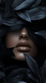 Close-up lips and nose framed by dark glossy leaves.