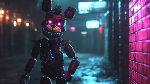 Glowing-eyed robot bunny in neon-lit rainy alleyway nocturne.