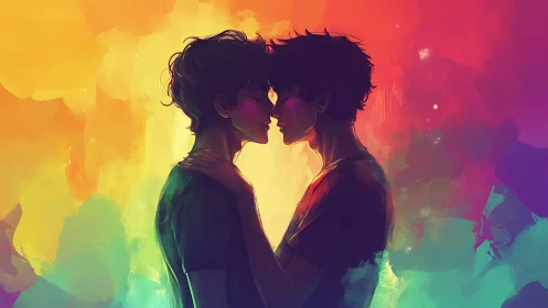 Two Figures in Intimate Moment Against Vibrant Gradient.