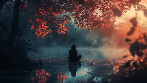 Solitary figure meditating beside misty lake at dusk.