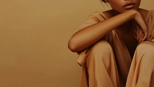 Minimalist portrait of woman in beige tones, modern artistic style.