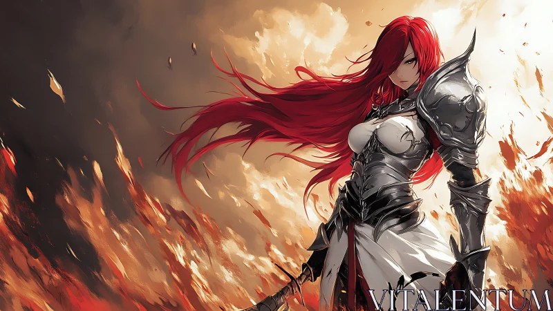 Digital painting of armored red-haired warrior amid flames.