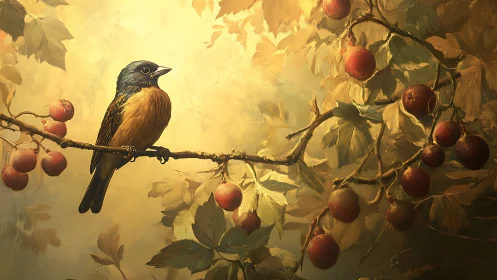 Colorful songbird perched on fruit tree branch, in soft golden light.