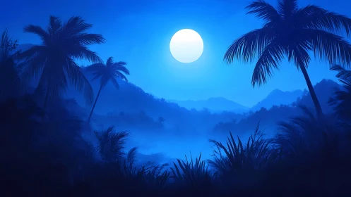 Moonlit jungle glows softly under a calm blue night sky