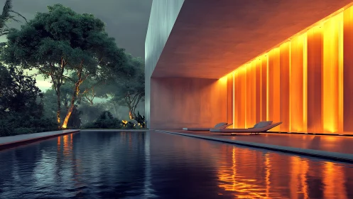 Modern Luxury Pool at Twilight with Illuminated Glass Wall