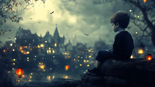 Young dreamer overlooks lantern-lit misty riverside town.