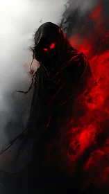 Hooded wraith emerges from crimson inferno and shadowed void.