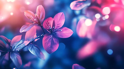 Pink blossoms glow with ethereal light amid dreamy bokeh.