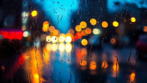 Rain streaked window with vivid urban bokeh lights at night.
