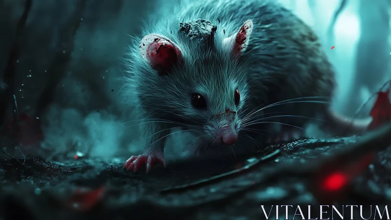 Injured forest mouse rendered in cinematic low-key lighting