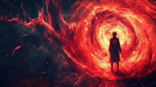 Fiery portal swirls around a lone hero ready to step through