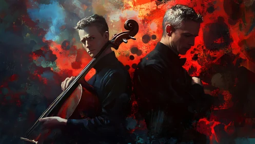 Dual portrait of cellist in chiaroscuro against abstract bokeh field