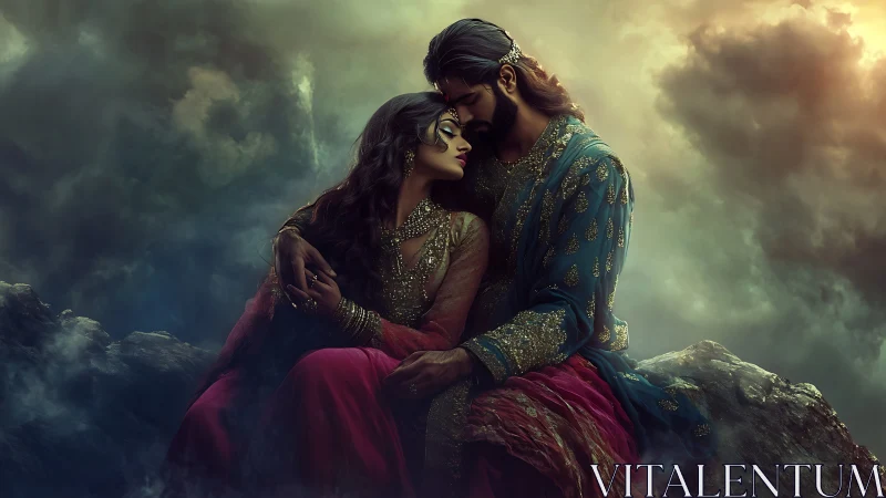 Medieval couple in ornate embroidered garments against misty celestial backdrop