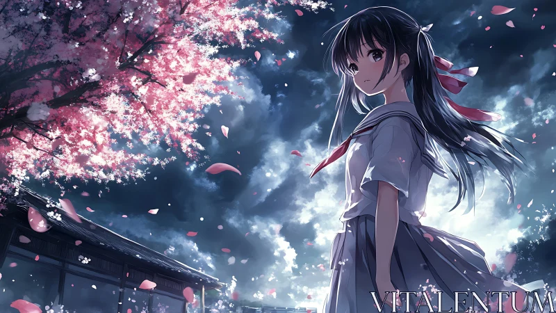 Twilight sakura breeze around a quiet, wondering schoolgirl.
