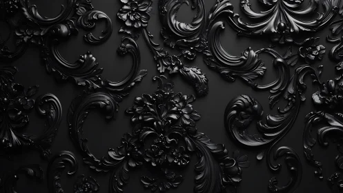 Black baroque scrollwork pattern on matte dark surface.