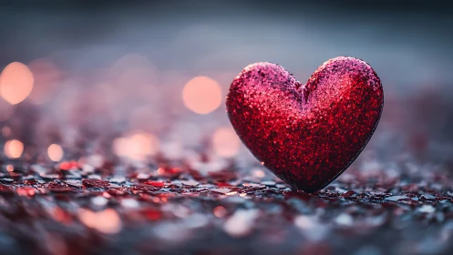 Glittering Red Heart Resting on Stone.